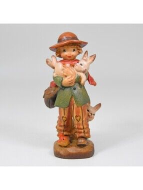 Anri Juan Ferrandiz Among Friends Boy Bunny Rabbits Bird 3" Wood Sculpture RARE